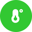 Weißes Thermometer-Symbol mit einem kleinen Kreis, der ein Grad-Symbol auf einem hellgrünen runden Hintergrund darstellt.
