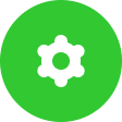 Ein weißes Zahnradsymbol in der Mitte eines hellgrünen, kreisförmigen Hintergrunds, das Einstellungen oder Konfigurationsoptionen darstellt.