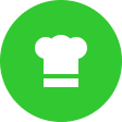 Ein weißes Kochmützen-Symbol, zentriert auf einem hellgrünen, runden Hintergrund.