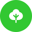 Ein einfaches weißes Baumsymbol mit einer runden Baumkrone innerhalb eines hellgrünen Kreises, das Natur- oder Umweltthemen darstellt.