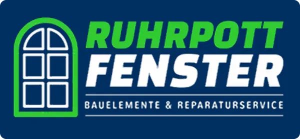 Logo mit einer weißen Fenstergrafik auf blauem Hintergrund. Rechts daneben steht in grüner und weißer Schrift: RUHRPOTT FENSTER Bauelemente & Reparaturservice".