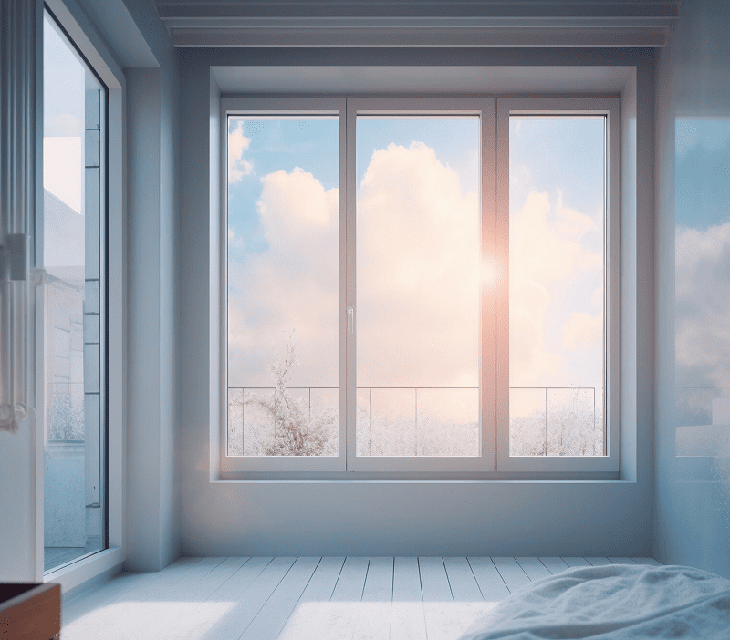 Ein heller, minimalistischer Raum mit großen Fenstern, durch die sanftes Sonnenlicht einfällt. Der Blick zeigt einen klaren Himmel mit flauschigen Wolken. Der Raum hat weiße Böden, helle Wände und eine einladende, friedliche Atmosphäre.