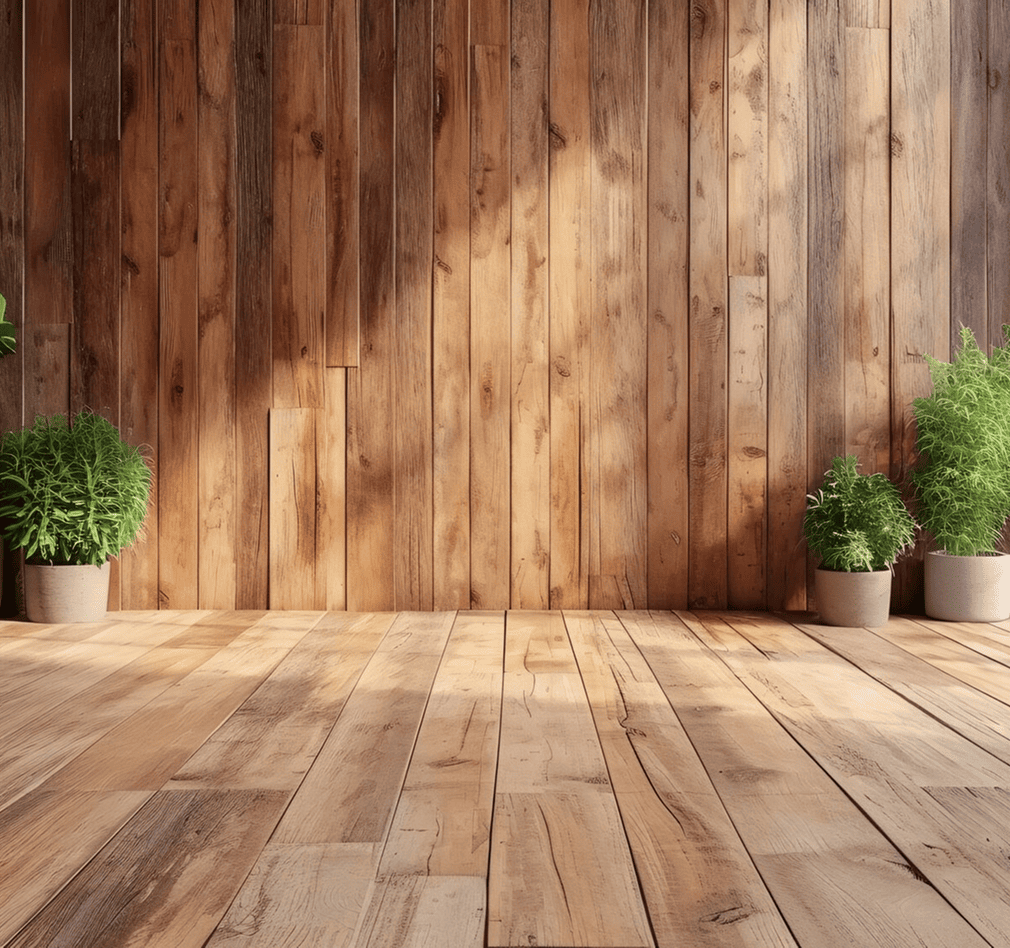 Sonnendurchflutetes Holzzimmer mit einem Boden und einer Wand aus Naturholz, in dem vier grüne Topfpflanzen in der rechten Ecke stehen. Das Sonnenlicht strömt herein und schafft eine warme und einladende Atmosphäre.