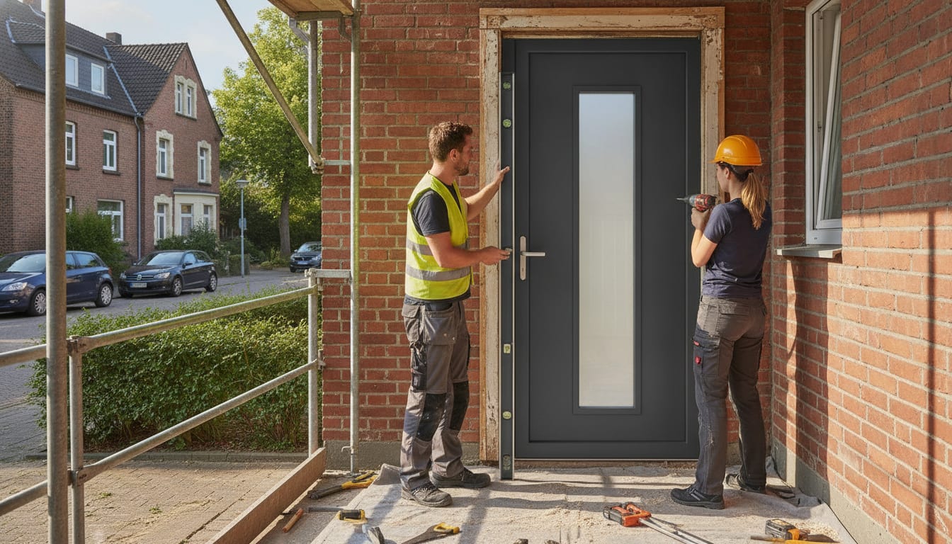 Haustüren Essen: Ablauf, Kosten & Einbau in 6 Schritten Montage einer Aluminium-Haustür in Anthrazit bei einem Hauseingang in Essen