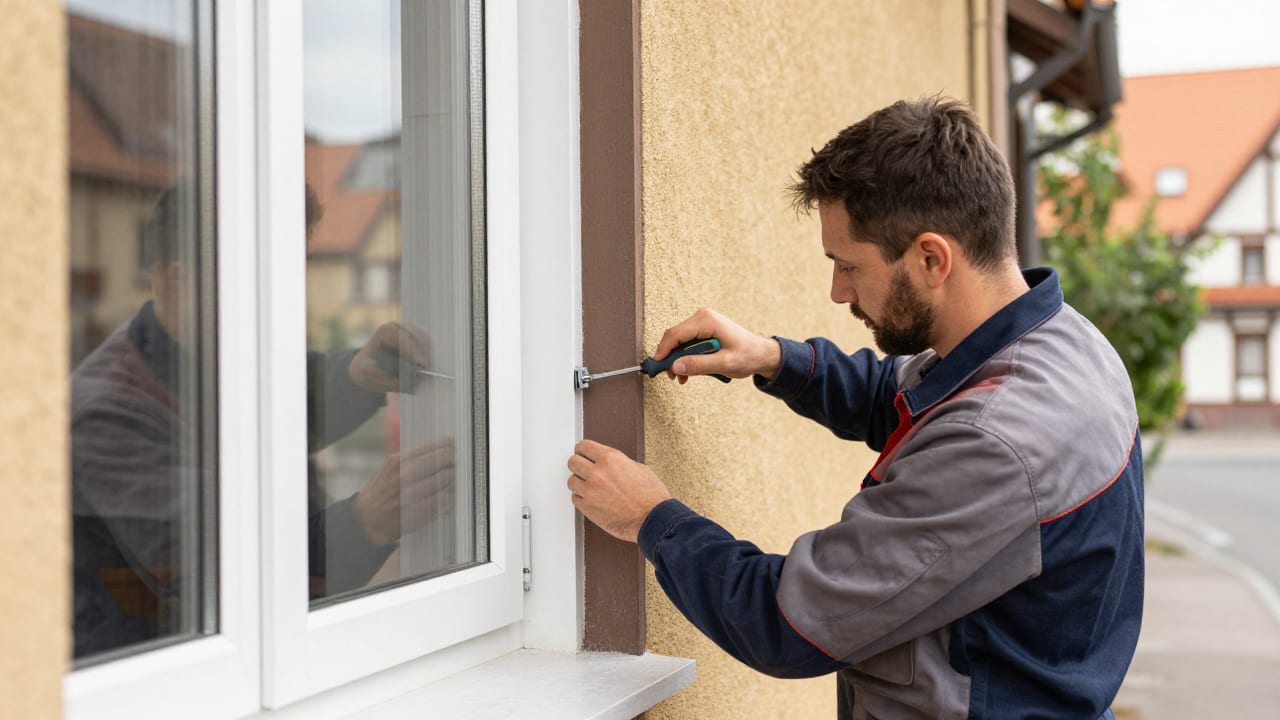Fensterreparatur Essen: Kosten & Austausch-Entscheidung Techniker repariert Beschlag an weißem Kunststofffenster bei Fensterreparatur in Essen