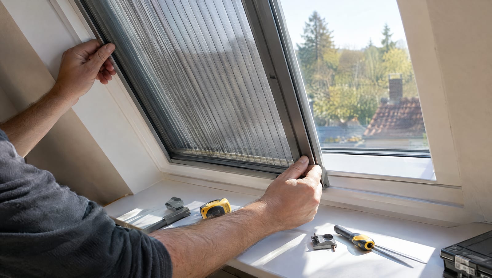 Insektenschutz Essen: Das passende System finden Montage eines Plissee-Insektenschutzes in Anthrazit an einem Dachfenster in Essen